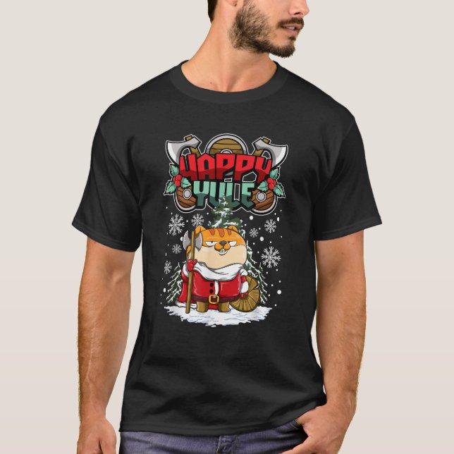 Happy Yule Viking Christmas Animals Cat Kitten T S T-Shirt (Front)