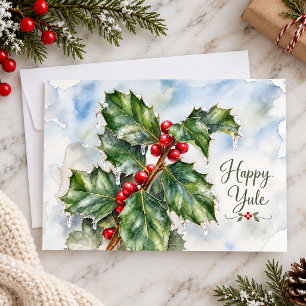 Happy Yule Winter Holly Leaves and Red Berries Holiday Card