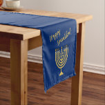 Hapy Hanukkah Menorah Blue Short Table Runner<br><div class="desc">You can reposition the text and menorah to your liking.  Add a festive touch to your Hanukkah table with this table runner,  featuring the chanukah menorah,  dreidel and more.</div>