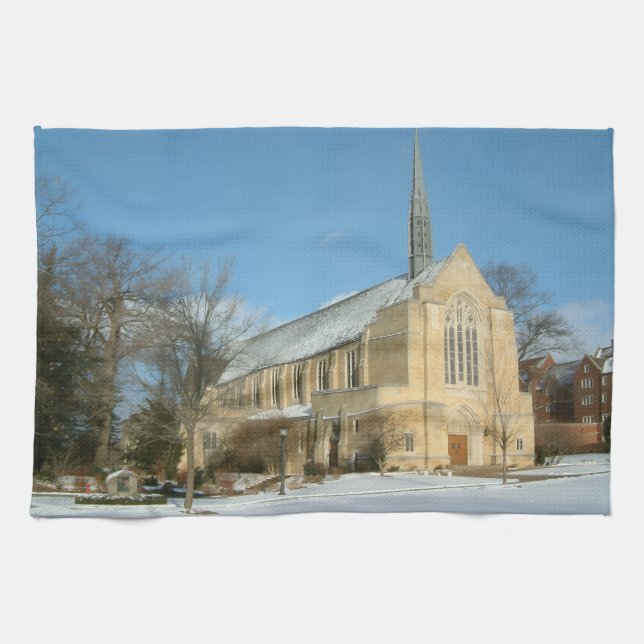 Harbison Chapel in Winter at Grove City College Tea Towel (Horizontal)