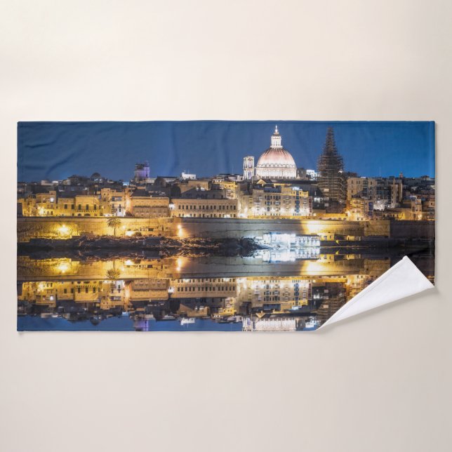 Harbor of Valletta old town at night Bath Towel (Bath Towel)
