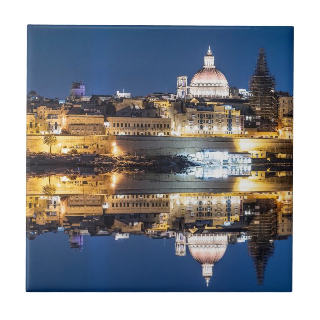 Harbor of Valletta old town at night Tile (Front)