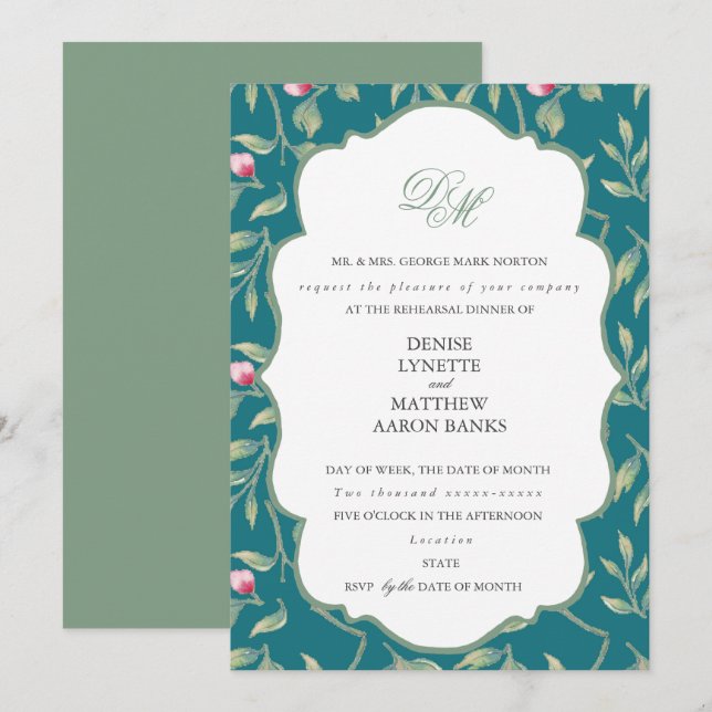 Harbour Blue and Basil Green Rehearsal Dinner Invitation (Front/Back)