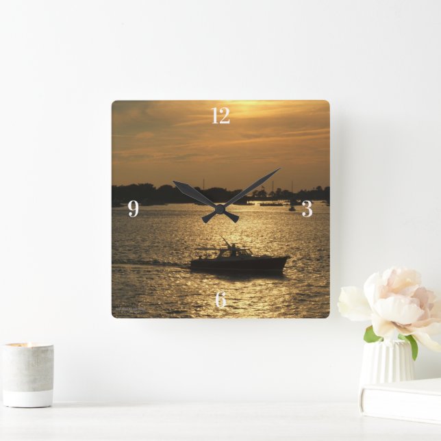 Harbour Boat Scene Late Evening Sun Behind Clouds Square Wall Clock (Home)