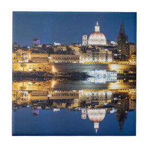 Harbour of Valletta old town at night Tile