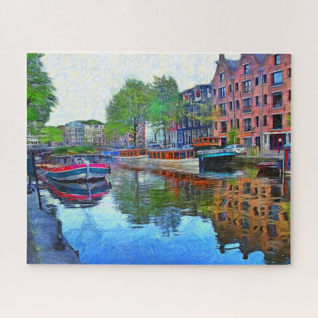 Harbour on the canal in Amsterdam. Jigsaw Puzzle (Horizontal)