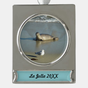 Harbour Seal at La Jolla California Silver Plated Banner Ornament