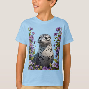 Harbour Seal Coastal Mammal Surrounded By Viola T-Shirt