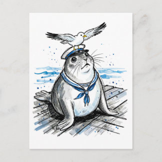 Harbour Seal with Seagull in Marine Ink Illustrati Postcard
