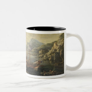 Harbour with Lighthouse and Ships (oil on canvas) Two-Tone Coffee Mug