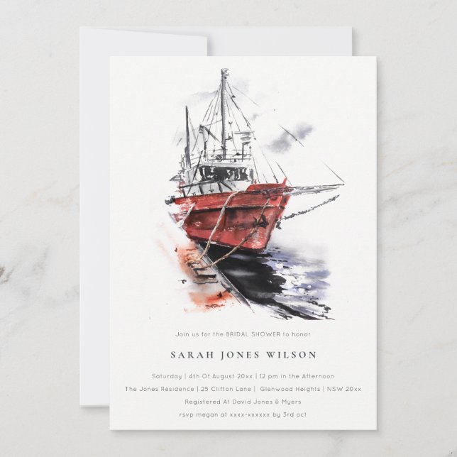 Harbour Yacht Sailboat Watercolor Bridal Shower Invitation (Front)