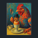 Hard-Boiled Human - Fowl Play at Breakfast Postcard<br><div class="desc">Hard-Boiled Human - Fowl Play at Breakfast. A surreal, witty twist on the breakfast table where a flamboyant chicken turns the tables on humanity. In a world obsessed with control, this image humorously reminds us that nature quietly sustains, mocks, and ultimately outlasts our attempts at dominance. It’s a bold, colourful...</div>