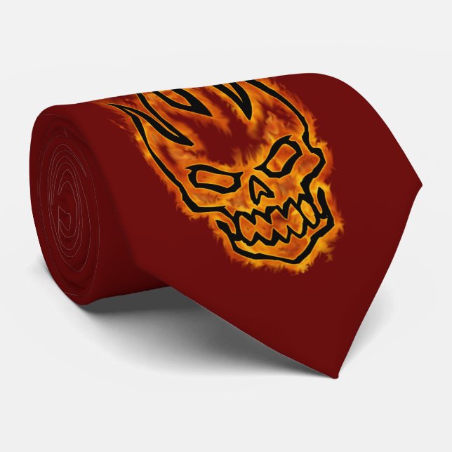 Hard Core Flaming Skull Burgundy Two-side printed Tie (Rolled)