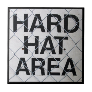 Hard Hat Area Sign under Chain-Link Fence Tile