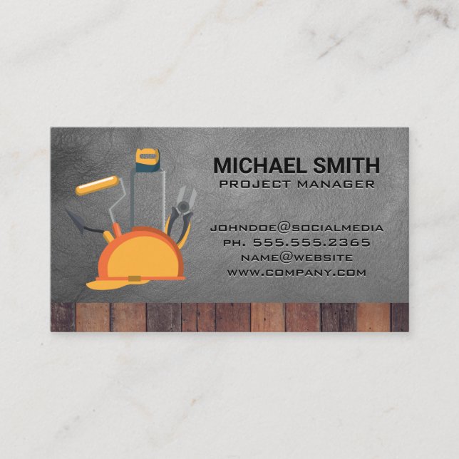 Hard Hat | Tools | Wood Leather Background Business Card (Front)