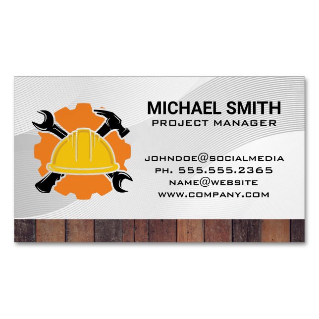 Hard Hat | Wrench Hammer | Construction Magnetic Business Card (Front)