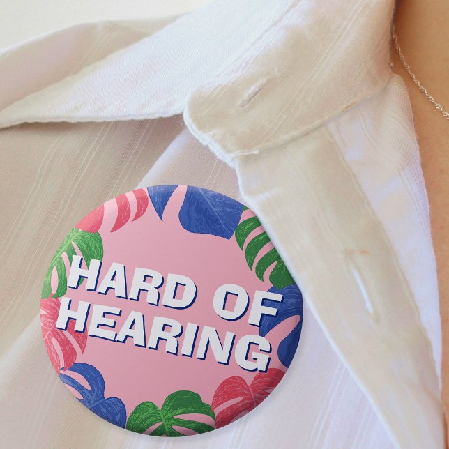 Hard of Hearing Feminine Pink Tropical Leaves 3 Cm Round Badge (Mockup of badge on women's blouse)