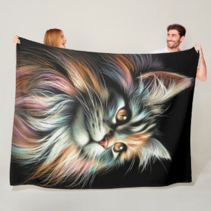 Hard Pastel Cat on Black Fleece Blanket