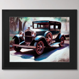 Hard Pastel Drawing Antique Car Trees Poster
