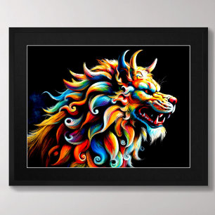 Hard Pastel Drawing Chinese Foo Dog Colourful Poster