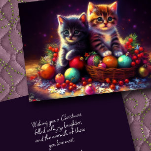 Hard Pastel Drawing Christmas 2 Kittens Ornaments Card