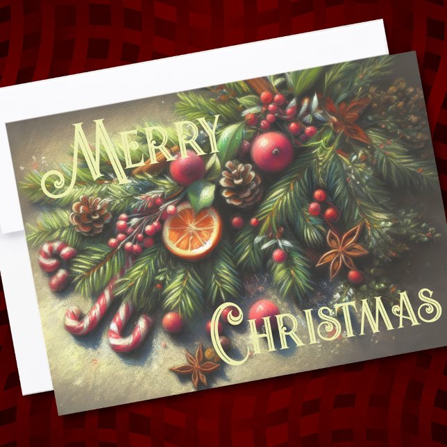 Hard Pastel Drawing Christmas Holiday Greenery Card (Creator Uploaded)