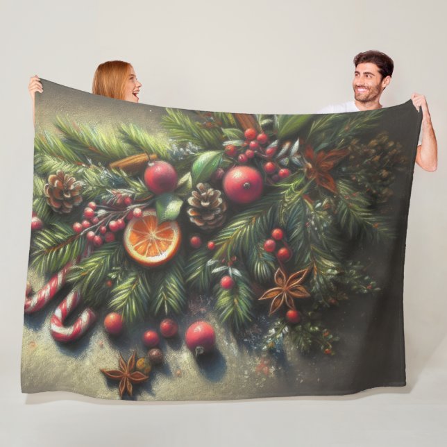 Hard Pastel Drawing Christmas Holiday Greenery Fleece Blanket (In Situ)