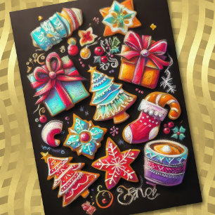 Hard Pastel Drawing Christmas Motif Holiday Cookie Card