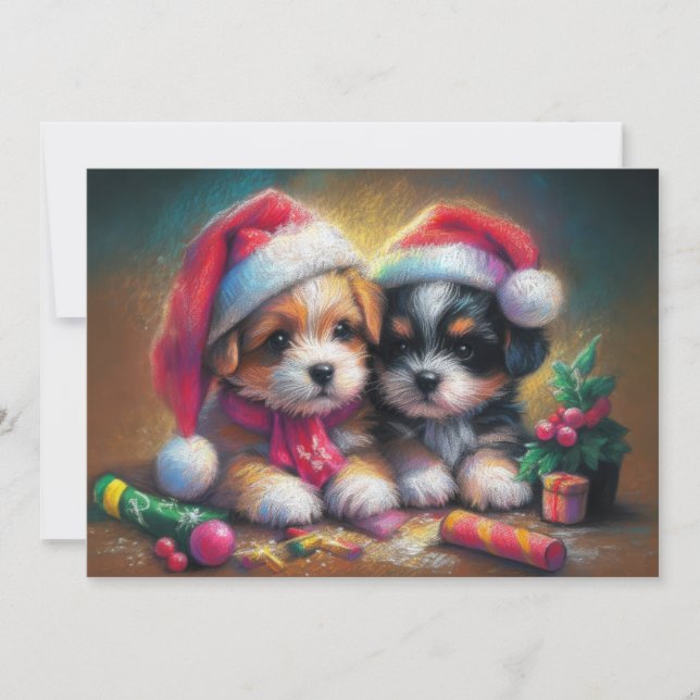 Hard Pastel Drawing Christmas Puppies Card (Front)