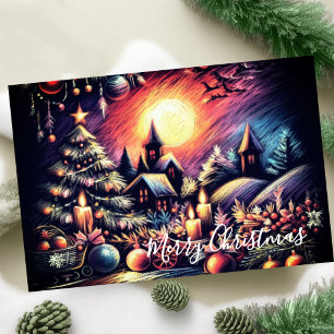 Hard Pastel Drawing Christmas Scene Card
