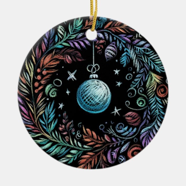 Hard Pastel Drawing Christmas Wreath Ceramic Tree Decoration (Front)