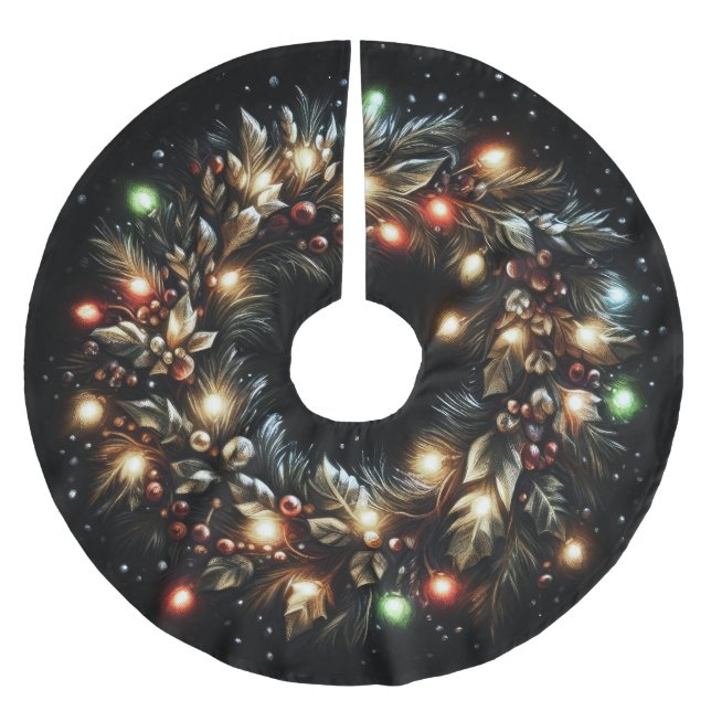 Hard Pastel Drawing Christmas Wreath Lights Black Brushed Polyester Tree Skirt (Front)