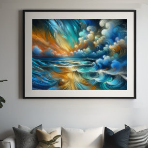 Hard Pastel Drawing Crashing Waves Poster