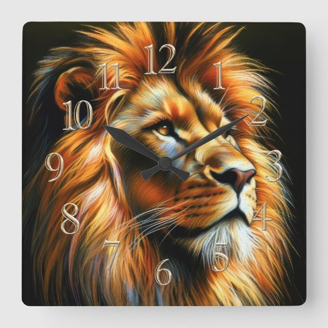 Hard Pastel Drawing Lion Square Wall Clock (Front)