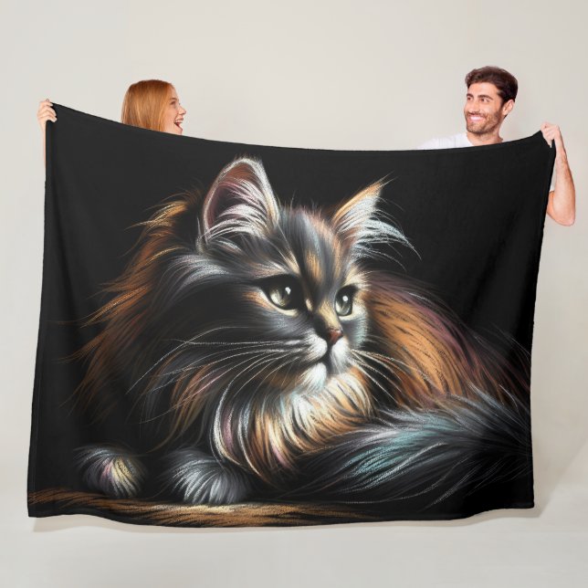 Hard Pastel Drawing Long-Haired Cat Fleece Blanket (In Situ)