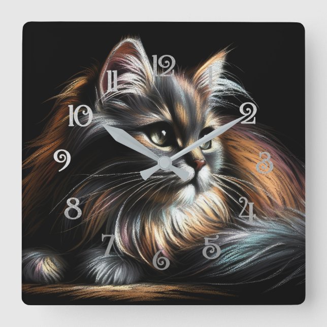 Hard Pastel Drawing Long-Haired Cat Square Wall Clock (Front)