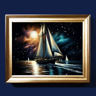 Hard Pastel Drawing Night Sailing Poster