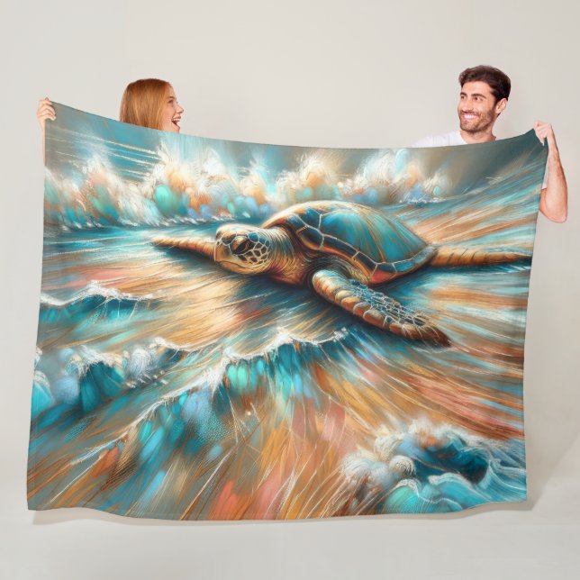 Hard Pastel Drawing Sea Turtle on Beach Fleece Blanket (In Situ)
