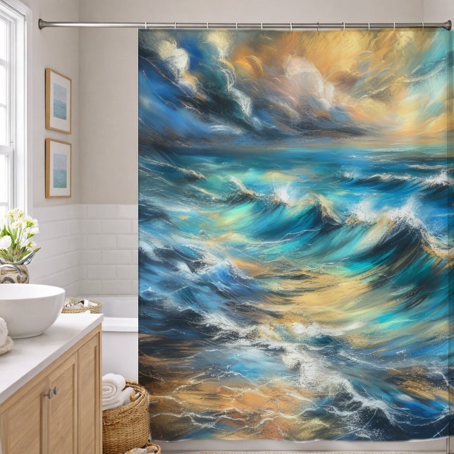 Hard Pastel Drawing Stormy Waves Shower Curtain (Creator Uploaded)