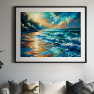 Hard Pastel Drawing Waves on a Beach Poster
