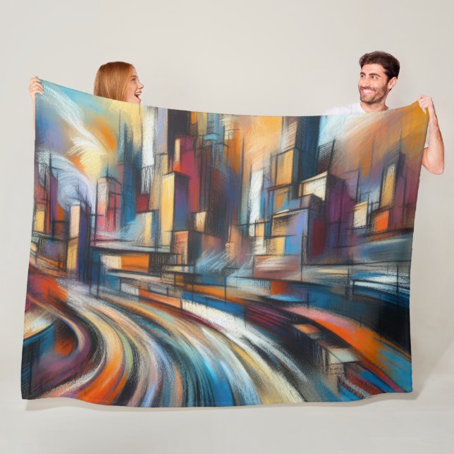 Hard Pastels Drawing Abstract Modern Cityscape Fleece Blanket (In Situ)
