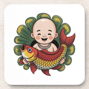 Hard plastic coaster Cute Boy with Lucky Koi
