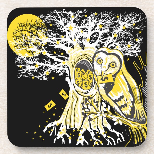 Hard Plastic Coaster – Urban Tree Owl & Wealth  (Front)