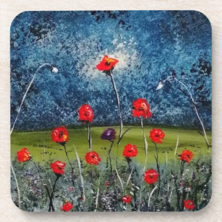 Hard plastic coaster with painted poppy fields