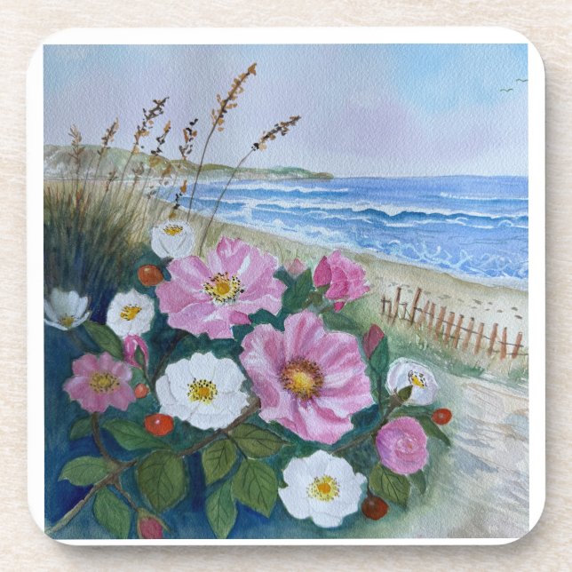 Hard plastic summer beach roses coaster  (Front)