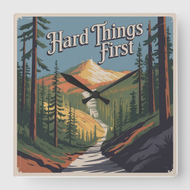 Hard Things First Square Wall Clock (Front)