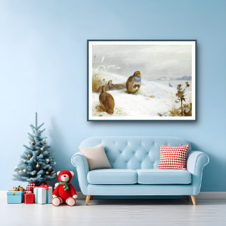 Hard times- partridges and a hare, Art Birds Poster