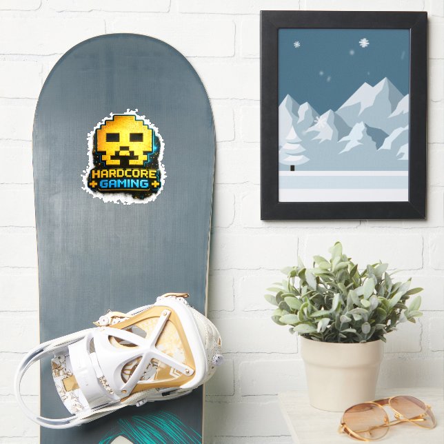 🎮💀 “Hardcore Gaming” Pixel Skull Sticker 👾🔥 (Snowboard)