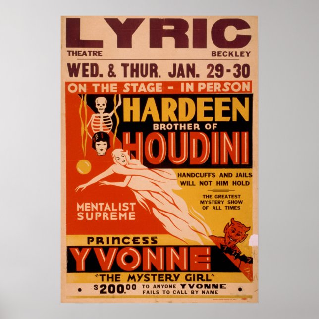 HARDEEN Magician Mentalist VAUDEVILLE Poster (Front)