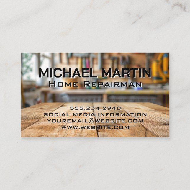 Hardware Hand Tools | Wooden Carpenter Table Business Card (Front)